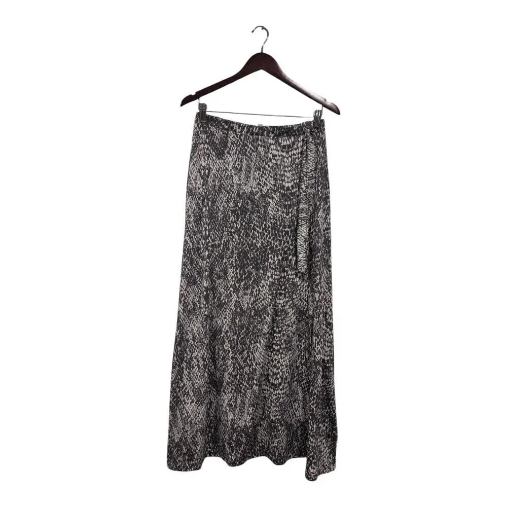 Garnet Hill Women's Gray White Stretchy Maxi Skirt High Side Slit Waist Tie Sz S